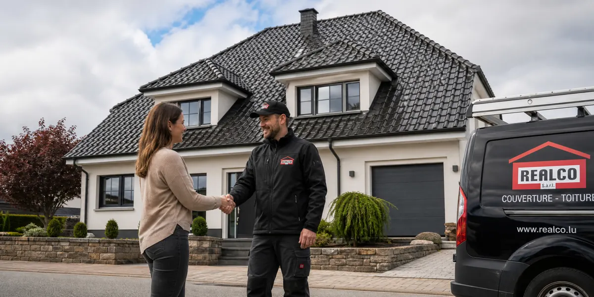 Scène illustrée (image générée par IA) : artisan Realco serrant la main d'une cliente devant sa maison
